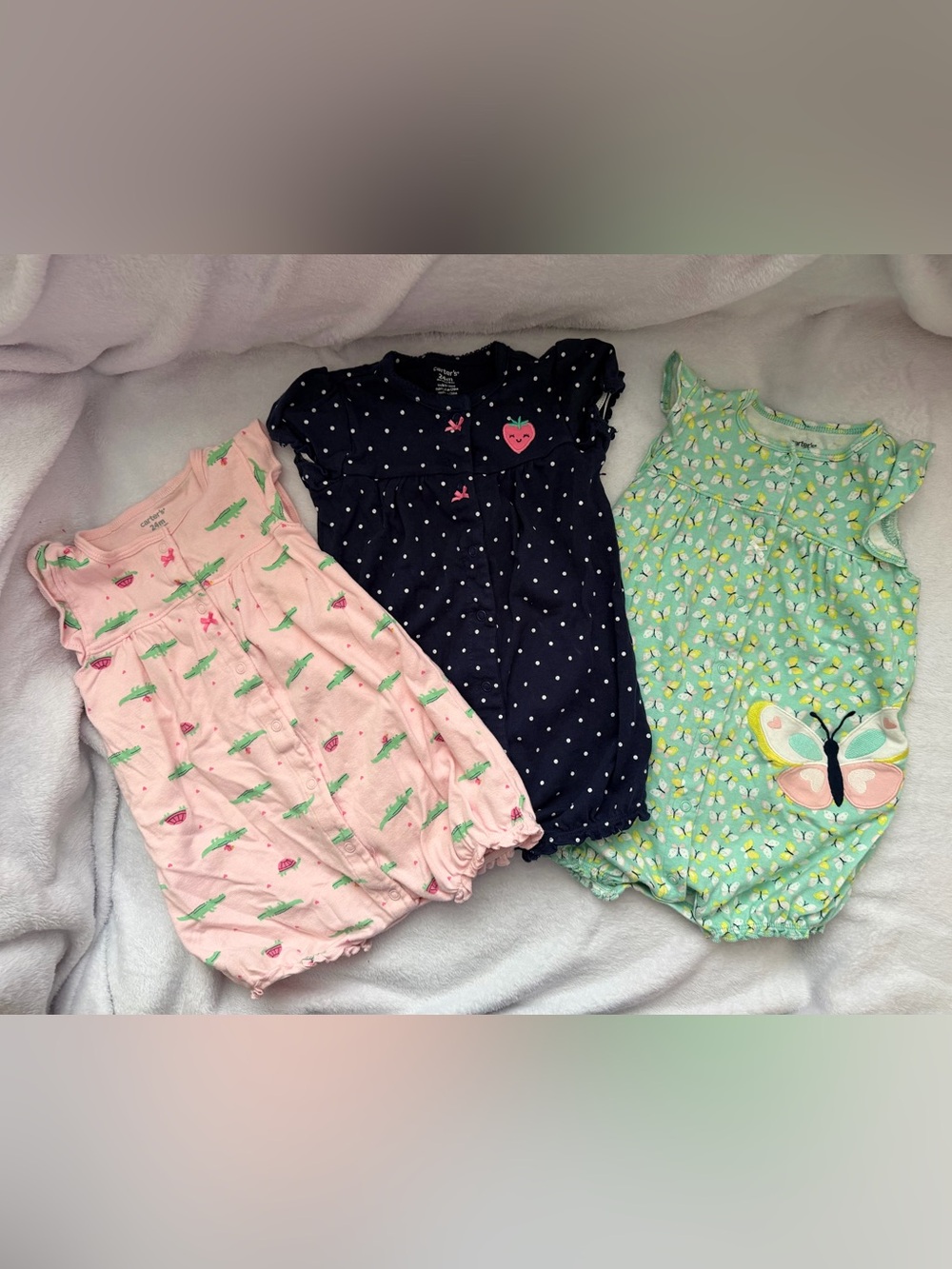 Carter's Rompers—Pink, Navy Blue, Green. Set of 3.